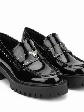 GUESS Black Patent Leather Studded Lug Sole Loafers